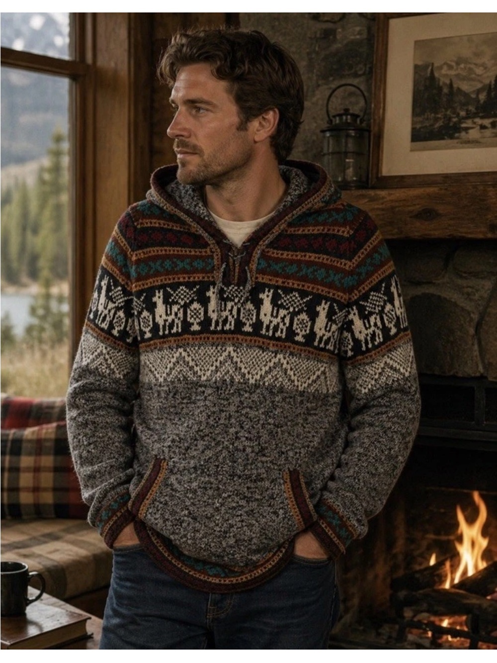 Alpaca Wool Peruvian Hoodie Sweater Gray Tie Front Pocket Long Sleeves